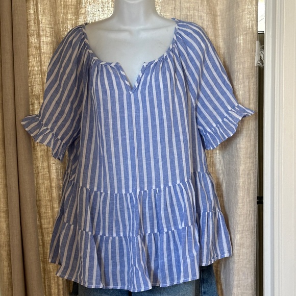 NWOT - BeachLunchLounge Linen Striped Peplum Top - large - blue & white stripe - Picture 5 of 10